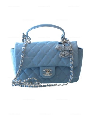 Chanel Classic Mini Flap with Top Handle Charm in Light Blue